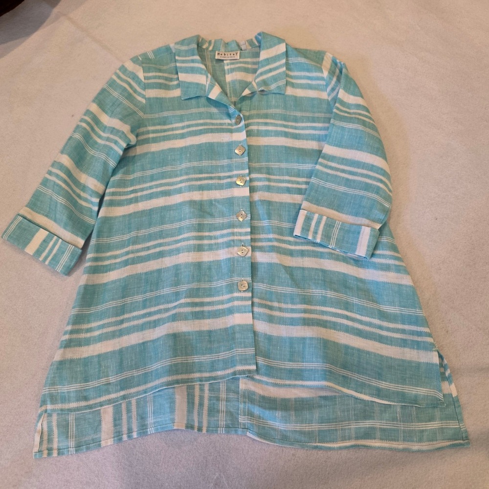 Habitat Linen Striped Tunic Shirt Turquoise White Button Down XS Resort Beach